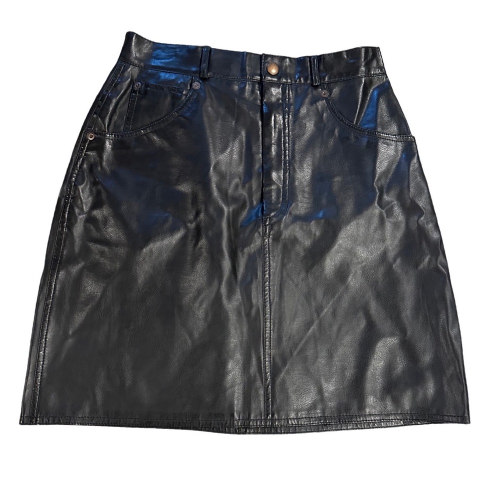 Vintage 80s Faux Leather Mini Skirt Black High Waisted PVC Grunge Western 9/10‎